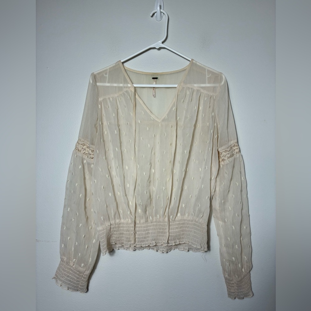Free People Sheer Blouse Sz Small Oversized Boho Feminine Ivory